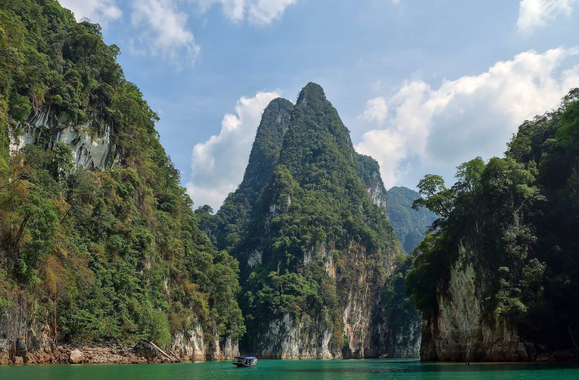 Limestone formations rising from Cheow Lan Lake in Khao Sok