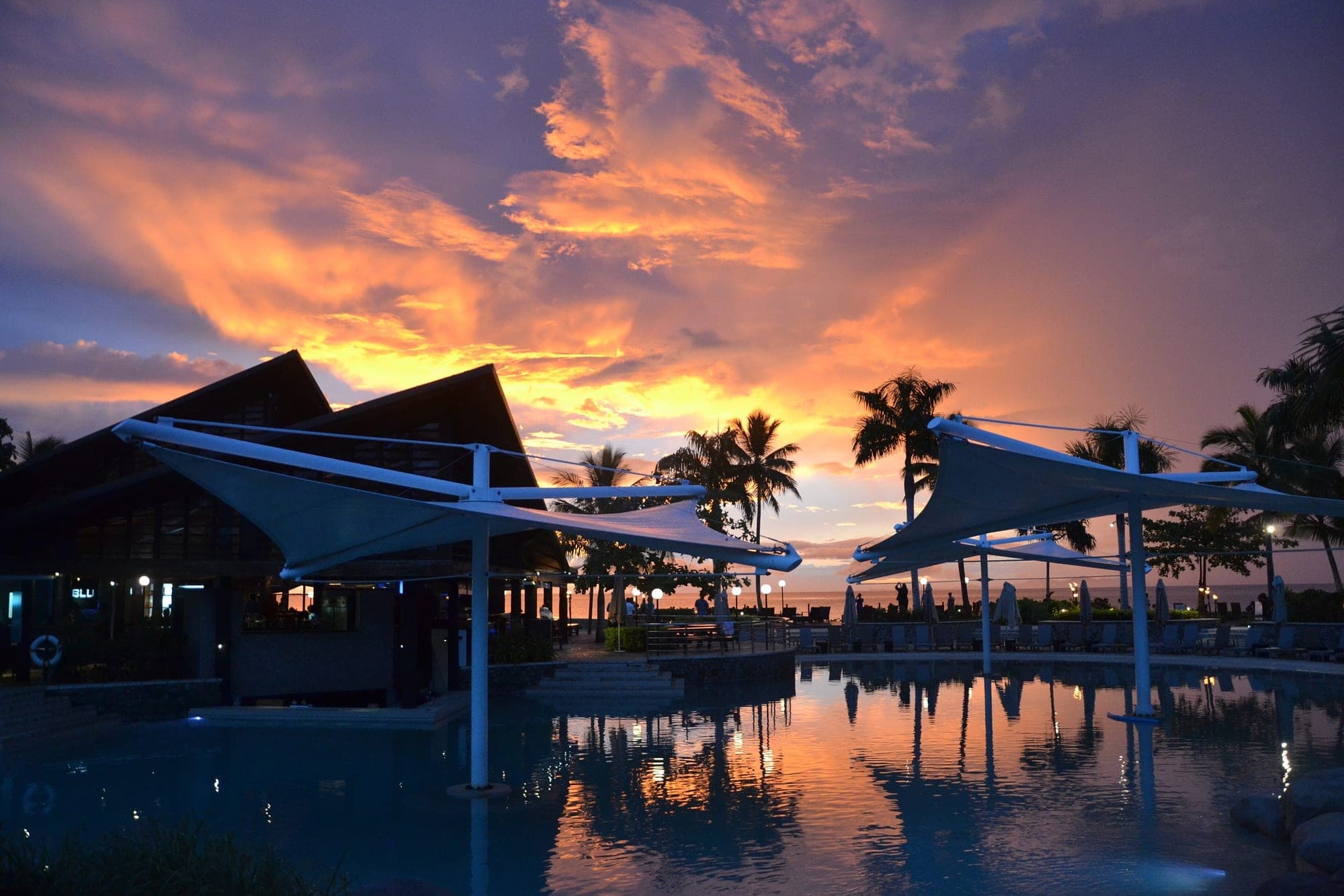 A resort beach at sunset in Fiji
