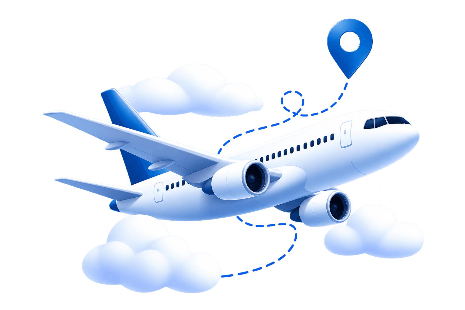 Illustration of an airplane climbing above the clouds along a dotted flight path