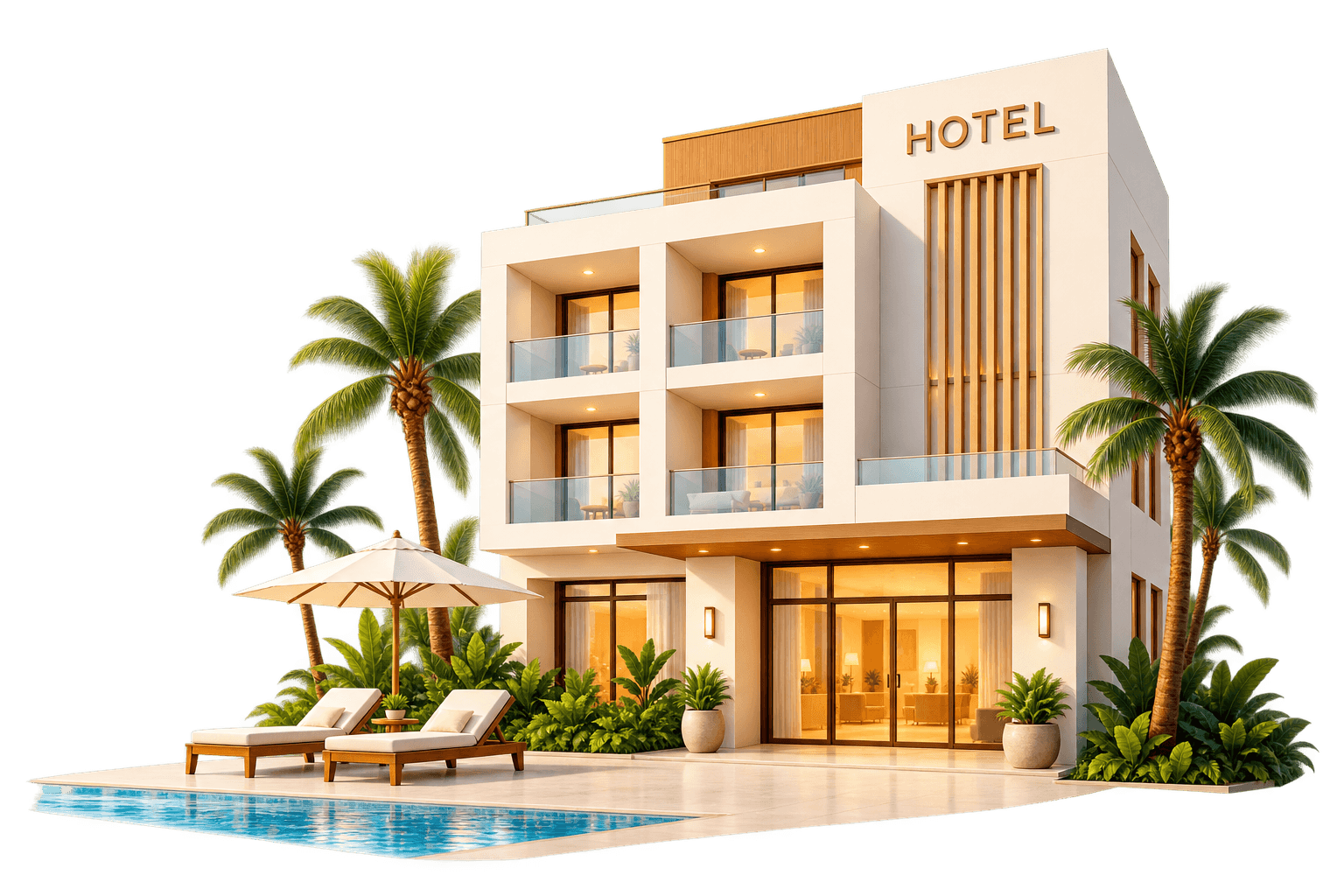 Illustration of a resort hotel facade with palm trees and a poolside deck