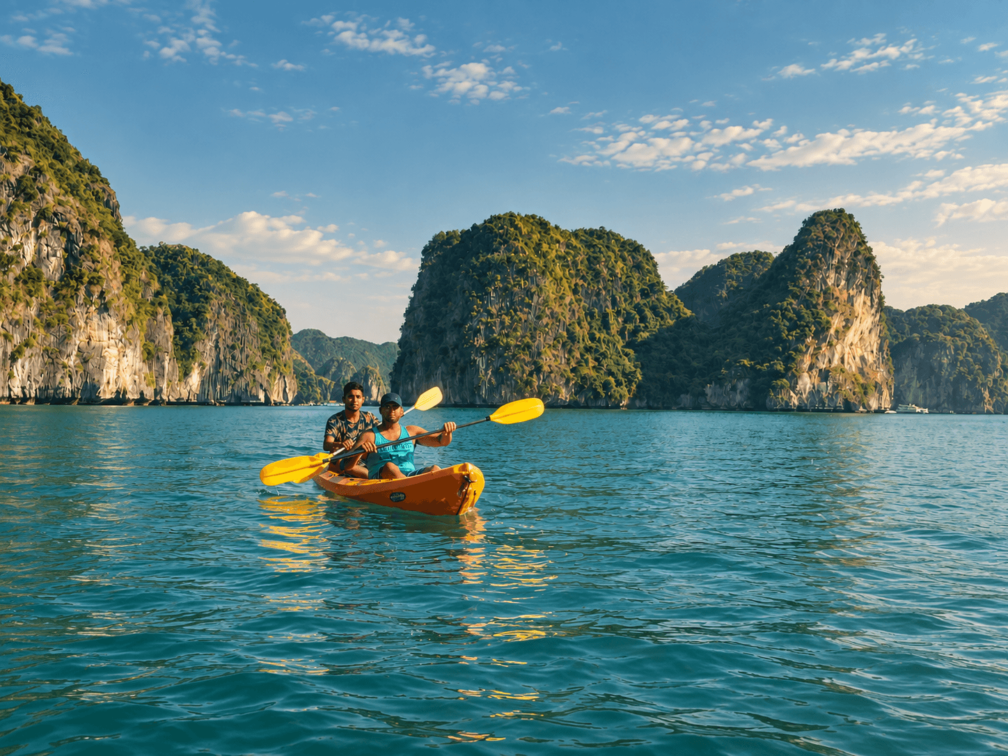 Two brothers kayaking together among limestone karsts on a calm bay