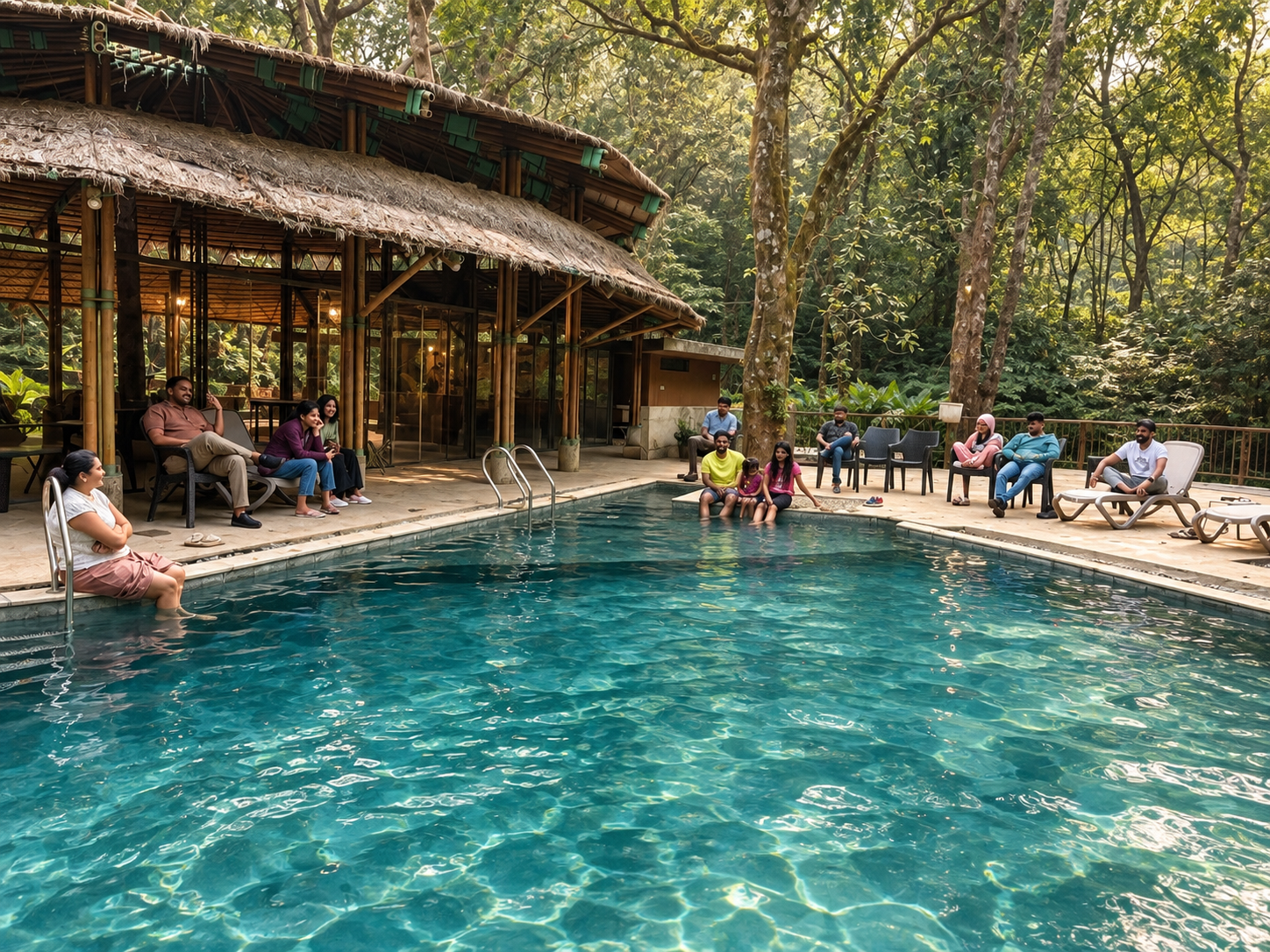 A group of friends and family relaxing by a pool at a forest resort
